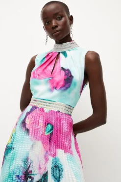 New ✔️ Karen Millen Diamante Trim Floral Pleated 👗 Skirt Midi 👗 Dress 🎁 -Dresses Sales Store womens floral diamante trim floral pleated skirt midi dress