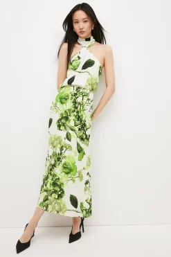 Budget ⭐ Karen Millen Spring Green Botanical Bunches Woven Halter Midi Column 👗 Dress 👍 -Dresses Sales Store womens floral spring green botanical bunches woven halter midi column dress