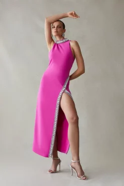 Flash Sale ✔️ Karen Millen Crystal Embellished Woven Thigh Split Maxi 👍 -Dresses Sales Store womens fuchsia crystal embellished woven thigh split maxi 1