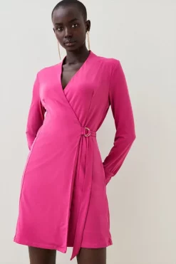 Deals 😀 Karen Millen Slinky Buckle Detail Wrap Jersey Mini 👗 Dress 🔥 -Dresses Sales Store womens fuchsia slinky buckle detail wrap jersey mini dress