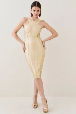 Buy 🔥 Karen Millen Foiled Bandage Knit Midi 👗 Dress 👍 -Dresses Sales Store womens gold foiled bandage knit midi dress