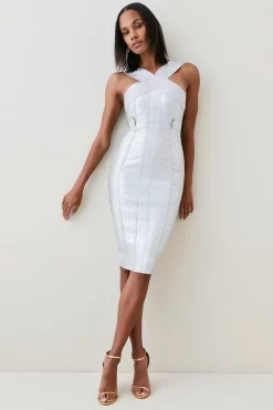 Buy 🔥 Karen Millen Foiled Bandage Knit Midi 👗 Dress 👍 -Dresses Sales Store womens gold foiled bandage knit midi dress 1 1