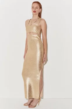 Flash Sale ⌛ Karen Millen Metallic Bandage Maxi 👗 Dress 😍 -Dresses Sales Store womens gold metallic bandage maxi dress