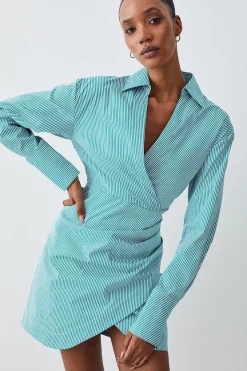 New 🤩 Karen Millen Cotton Stripe Wrap Detail Mini 👕 Shirt 👗 Dress ✔️ -Dresses Sales Store womens green cotton stripe wrap detail mini shirt dress