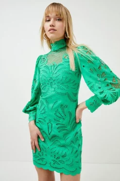 New 👏 Karen Millen Cutwork Volume Sleeve Woven Mini 👗 Dress 😀 -Dresses Sales Store womens green cutwork volume sleeve woven mini dress