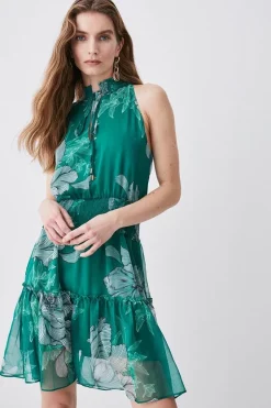 Best Sale 🔥 Karen Millen Floral Bloom Shirred Halter Woven Mini 👗 Dress 😉 -Dresses Sales Store womens green floral bloom shirred halter woven mini dress