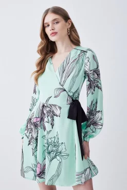 Deals 💯 Karen Millen Floral 🔨 Hammered Satin Woven Wrap Mini 👗 Dress ✨ -Dresses Sales Store womens green floral hammered satin woven wrap mini dress