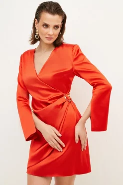 Wholesale 🌟 Karen Millen Italian Structured Satin Sleeved Mini 👗 Dress 🥰 -Dresses Sales Store womens green italian structured satin sleeved mini dress 1