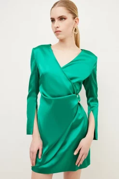 Wholesale 🌟 Karen Millen Italian Structured Satin Sleeved Mini 👗 Dress 🥰 -Dresses Sales Store womens green italian structured satin sleeved mini dress