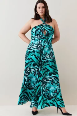 Best deal 🔥 Karen Millen Plus Size Tiger Viscose Satin Maxi 👗 Dress ⭐ -Dresses Sales Store womens green plus size tiger viscose satin maxi dress