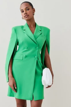 Best deal 🎁 Karen Millen Strong Shoulder Split Sleeve Double Breasted Mini 👗 Dress 🔥 -Dresses Sales Store womens green strong shoulder split sleeve double breasted mini dress 1