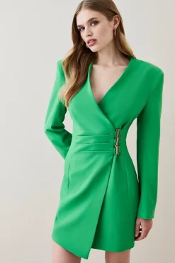 Deals 😉 Karen Millen Strong Shoulder Wrap Mini 👗 Dress ✔️ -Dresses Sales Store womens green strong shoulder wrap mini dress 1