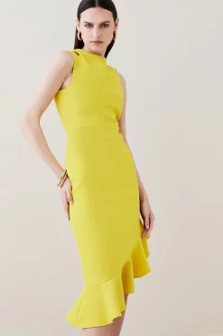 Best Pirce 🛒 Karen Millen Structured Crepe Cut Out Ruffle Hem Midi 👗 Dress 🔔 -Dresses Sales Store womens green structured crepe cut out ruffle hem midi dress