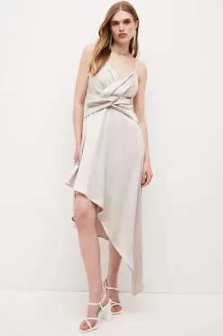 Outlet 🥰 Karen Millen Satin Crepe Wrap Detail Midi Cami 👗 Dress ✨ -Dresses Sales Store womens grey satin crepe wrap detail midi cami dress