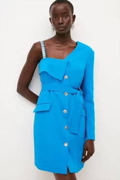 Best Sale ✔️ Karen Millen Compact Viscose Chain Strap Belted Tux Mini 👗 Dress 🎁 -Dresses Sales Store womens ivory compact viscose chain strap belted tux mini dress 1