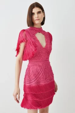 Best Pirce 👏 Karen Millen Cornelli Embellished Fringed Woven 👗 Dress ⌛ -Dresses Sales Store womens ivory cornelli embellished fringed woven dress 1