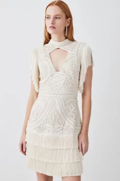 Best Pirce 👏 Karen Millen Cornelli Embellished Fringed Woven 👗 Dress ⌛ -Dresses Sales Store womens ivory cornelli embellished fringed woven dress
