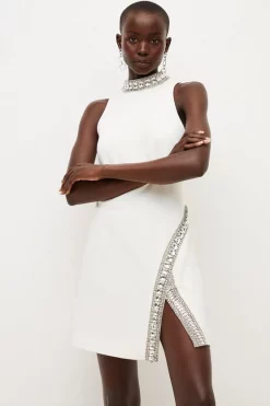 Budget ❤️ Karen Millen Crystal Embellished Woven Thigh Split Mini ✔️ -Dresses Sales Store womens ivory crystal embellished woven thigh split mini