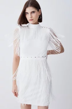 Coupon 💯 Karen Millen Fringed Ponte Detail Midi 👗 Dress 😍 -Dresses Sales Store womens ivory fringed ponte detail midi dress