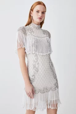Best reviews of 🤩 Karen Millen Pearl Embellished Fringed Woven Mini 👗 Dress 😉 -Dresses Sales Store womens ivory pearl embellished fringed woven mini dress