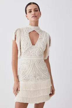 Flash Sale 🎁 Karen Millen Petite Cornelli Embellished Fringed Woven 👗 Dress 🎁 -Dresses Sales Store womens ivory petite cornelli embellished fringed woven dress