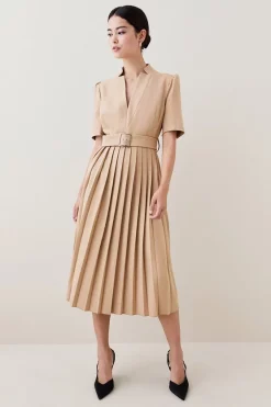 New 😍 Karen Millen Structured Crepe Forever Pleat Belted Midi 👗 Dress ✔️ -Dresses Sales Store womens ivory structured crepe forever pleat belted midi dress 3