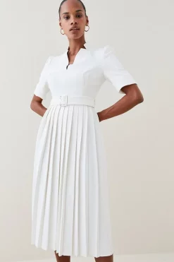 New 😍 Karen Millen Structured Crepe Forever Pleat Belted Midi 👗 Dress ✔️ -Dresses Sales Store womens ivory structured crepe forever pleat belted midi dress 4