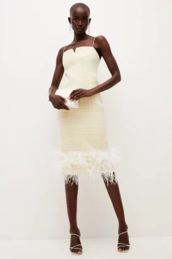 Deals 😀 Karen Millen Tweed Chain Strap Feather Hem Midi 👗 Dress 🎉 -Dresses Sales Store womens lemon tweed chain strap feather hem midi dress