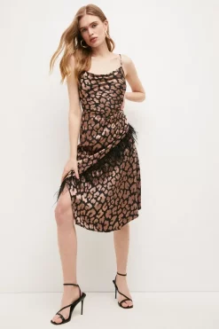 Wholesale ⭐ Karen Millen Leopard Jacquard Satin Cowl Neck Feather Midi 👗 Dress 😀 -Dresses Sales Store womens leopard leopard jacquard satin cowl neck feather midi dress