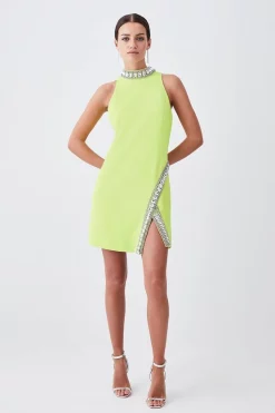 Outlet ⭐ Karen Millen Petite Crystal Embellished Woven Mini 👗 Dress 😍 -Dresses Sales Store womens lime petite crystal embellished woven mini dress