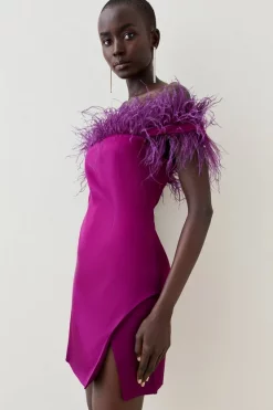 Deals ⭐ Karen Millen Italian Structured Satin Feather Bardot Mini 👗 Dress 💯 -Dresses Sales Store womens magenta italian structured satin feather bardot mini dress