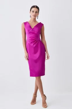 Flash Sale 🔔 Karen Millen Petite Italian Structured Satin Off The Shoulder Pencil Midi 👗 Dress 🛒 -Dresses Sales Store womens magenta petite italian structured satin off the shoulder pencil midi dress