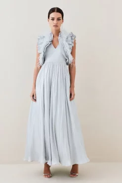 Coupon 🎁 Karen Millen Lydia Millen Petite Metallic Feather Ruffle Woven Maxi 👗 Dress 🎁 -Dresses Sales Store womens metallic20silver lydia millen petite metallic feather ruffle woven maxi dress