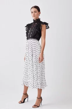 Coupon 🎉 Karen Millen Petite Guipure Lace Dot Pleated 👗 Skirt Midi 👗 Dress 🛒 -Dresses Sales Store womens mono petite guipure lace dot pleated skirt midi dress