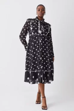 Flash Sale 🧨 Karen Millen Plus Size Mono Mixed Dot Piped Ruffle Georgette Midi 👗 Dress 👏 -Dresses Sales Store womens mono plus size mono mixed dot piped ruffle georgette midi dress