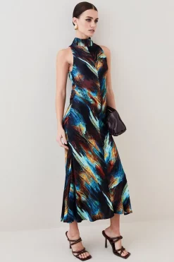 Best Pirce 🤩 Karen Millen Petite Marble Viscose Satin High Neck Maxi 👗 Dress 🥰 -Dresses Sales Store womens multi petite marble viscose satin high neck maxi dress