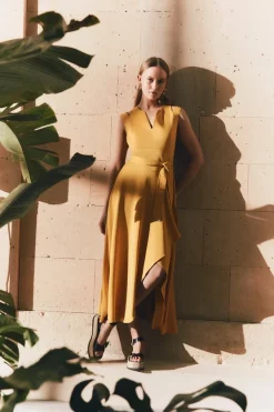 Brand new 🛒 Karen Millen Compact Stretch Viscose Waterfall Midaxi 👗 Dress 😍 -Dresses Sales Store womens mustard compact stretch viscose waterfall midaxi dress 1