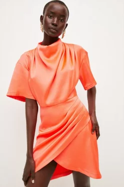 New 🔔 Karen Millen Satin Cowl Neck Woven Mini 👗 Dress 🎉 -Dresses Sales Store womens neon orange satin cowl neck woven mini dress 1