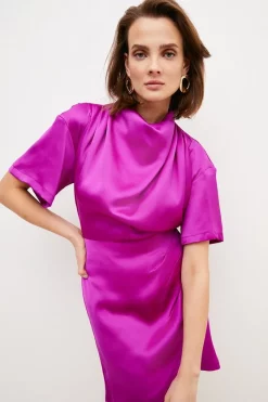 New 🔔 Karen Millen Satin Cowl Neck Woven Mini 👗 Dress 🎉 -Dresses Sales Store womens neon orange satin cowl neck woven mini dress