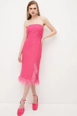 Coupon 🌟 Karen Millen Boucle Feather Hem Pencil Midi 👗 Dress 🧨 -Dresses Sales Store womens orange boucle feather hem pencil midi dress