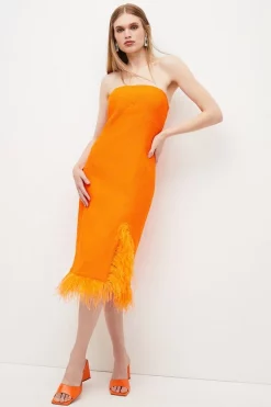 Coupon 🌟 Karen Millen Boucle Feather Hem Pencil Midi 👗 Dress 🧨 -Dresses Sales Store womens orange boucle feather hem pencil midi dress 1 1