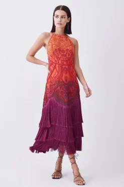 Buy 🤩 Karen Millen Petite Ombre Fringe Strappy Beaded Maxi 👗 Dress 🌟 -Dresses Sales Store womens orange petite ombre fringe strappy beaded maxi dress