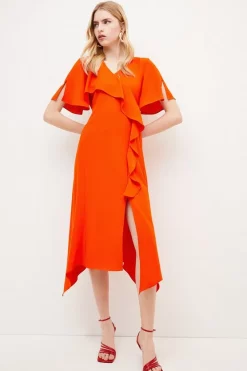 Flash Sale 🥰 Karen Millen Soft Tailored Ruffle Detail Midi 👗 Dress 😀 -Dresses Sales Store womens orange soft tailored ruffle detail midi dress