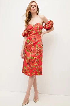 Deals ⭐ Karen Millen Italian Signature Stretch Rose Print Bardot Midi 👗 Dress 🛒 -Dresses Sales Store womens pink italian signature stretch rose print bardot midi dress 1