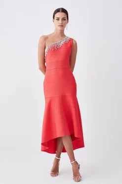 New 🧨 Karen Millen Petite Bandage Diamante Trim One Shoulder High Low Midi 👗 Dress 👍 -Dresses Sales Store womens pink petite bandage diamante trim one shoulder high low midi dress