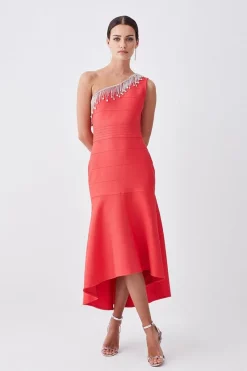 Buy 😍 Karen Millen Tall Bandage Diamante Trim One Shoulder High Low Midi 👗 Dress 💯 -Dresses Sales Store womens pink tall bandage diamante trim one shoulder high low midi dress