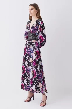 Flash Sale 🔔 Karen Millen Butterfly Print Plunge Neck Woven Midi 👗 Dress 🤩 -Dresses Sales Store womens purple butterfly print plunge neck woven midi dress