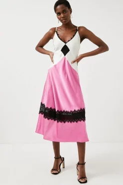 New ⭐ Karen Millen 🔨 Hammered Satin & Lace Woven Slip 👗 Dress 😀 -Dresses Sales Store womens purple hammered satin lace woven slip dress