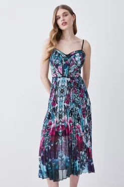 Promo 👍 Karen Millen Ombre Tile Pleat Corset Detail Woven Strappy Midi 👗 Dress 🛒 -Dresses Sales Store womens purple ombre tile pleat corset detail woven strappy midi dress