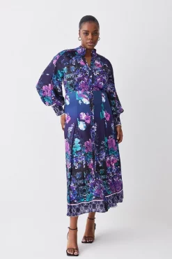 Promo 👏 Karen Millen Plus Size Boarder Floral Print Satin Woven Midi 👗 Dress 🎁 -Dresses Sales Store womens purple plus size boarder floral print satin woven midi dress
